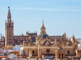 Sevilla, SPAIN - September 10, 2015:  Tower Giralda, Cathedral of Saint Mary of the See from Metropol Parasol high, Sevilla, Andalusia